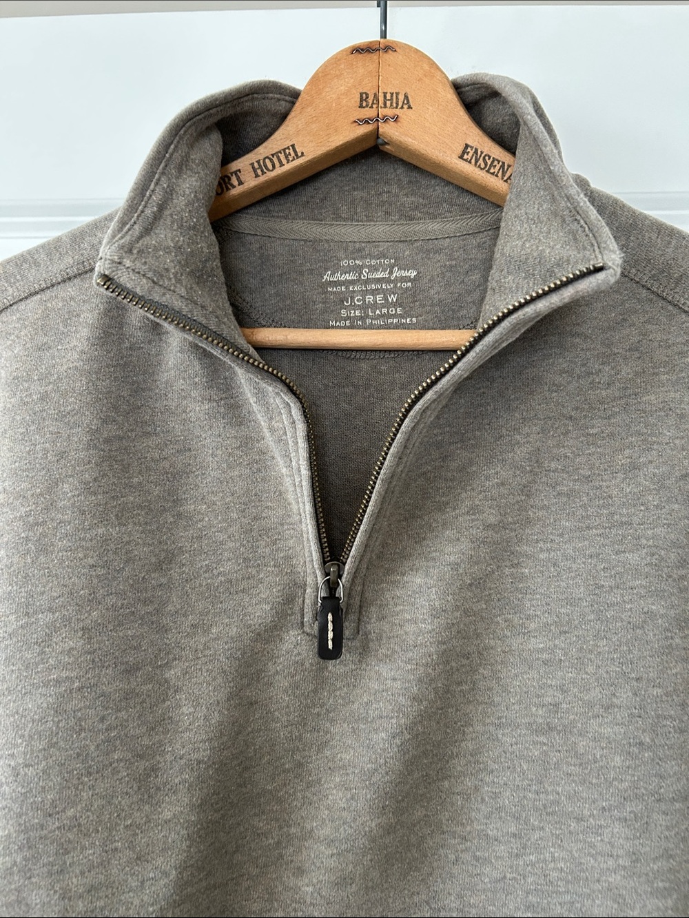 J Crew Authentic Sueded Jersey 1/4 Zip Pullover Sz L w MEASUREMENTS Brown/Tan